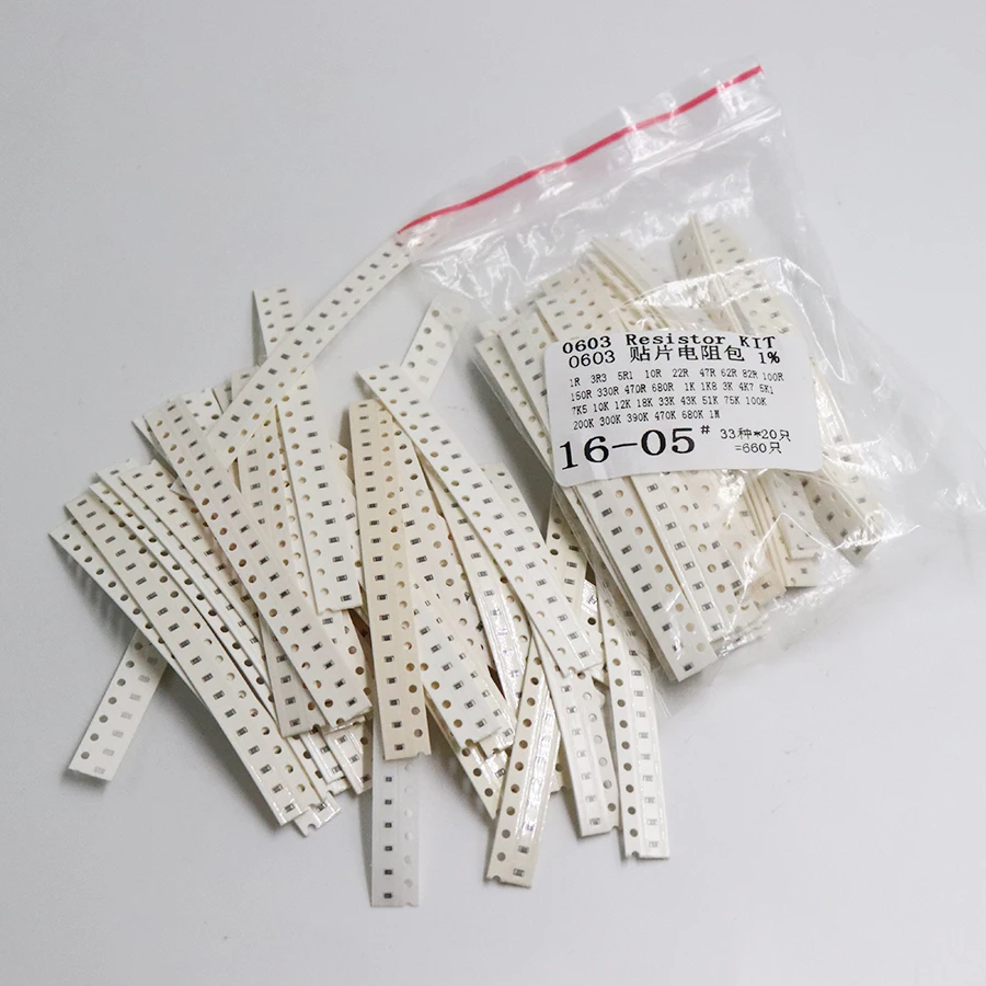 Gratis Verzending 0603 Smd Weerstand Kit Diverse Kit 1ohm-1M Ohm 1% 33Valuesx 20Pcs = 660Pcs Sample Kit