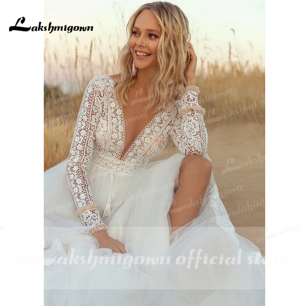 Trajes de novias largos دانتيل تول رقبة V عميقة بدون ظهر كم طويل بوهو فساتين زفاف نمط بوهيمي vestido para boda playa