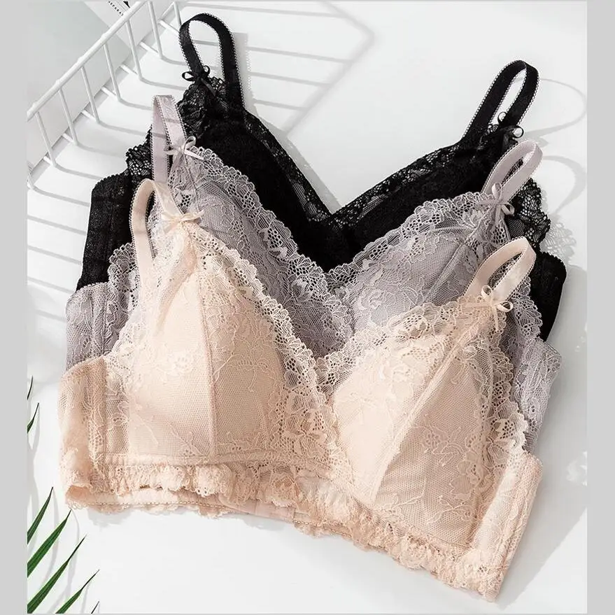 Women 100% Real Silk Lining with Lace fabric outside Everyday Comfortable Wireless Bra Bralette 2043