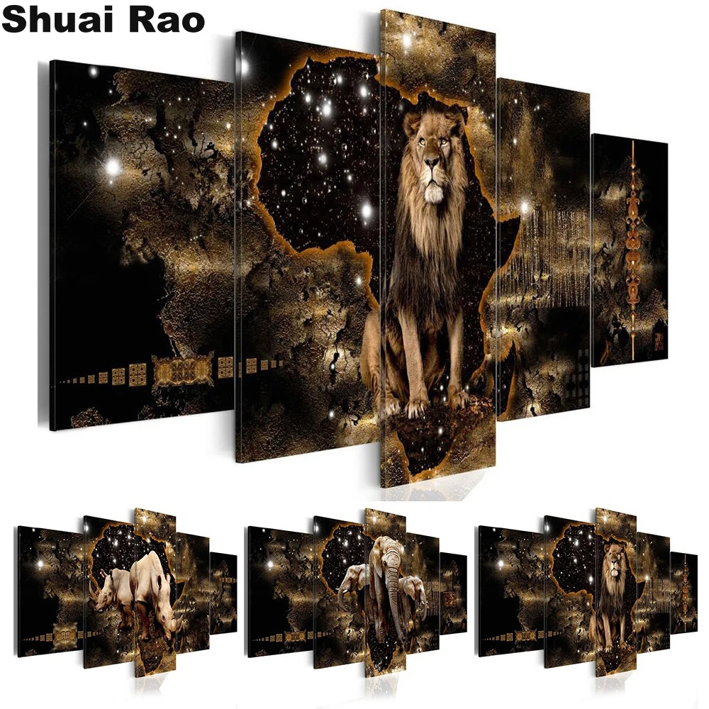 5 Panel Combined Lion Elephant Rhino diamond embroidery full square round diamond painting cross stitch kits 5D mosaic home art,