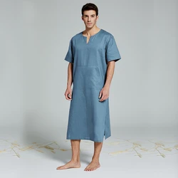 Men's Real Linen Cotton nightgowns Extra large bathrobe Short-sleeved Robe Caftan Vacation Holiday beach Robe