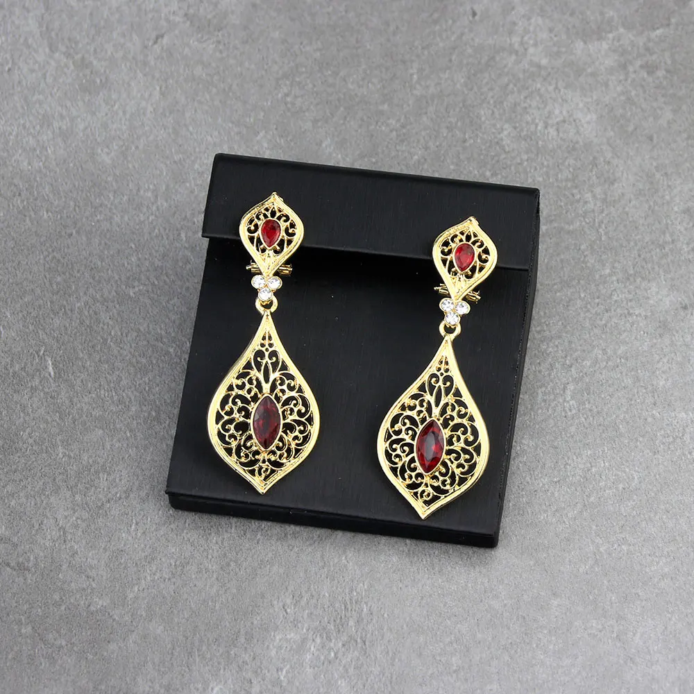 Sunspicems Gold Color Caftan Drop Earring for Women Red Green Stone Algerian Crystal Wedding Jewelry Arabic Bridal Gift