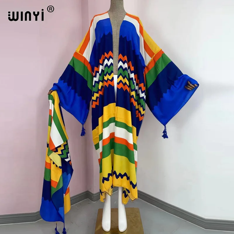 Spring Summer Lady KIMONO Women\'s Dress Wave Print Long Sleeve V-Neck Casual Loose Holiday beach cardigan Dress robe sexy femme