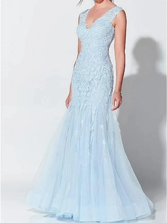 Elegante Prom Kleider Gerade Tiefem V-ausschnitt Tüll Mit Applique Lange Abendkleider Robe De Soiree