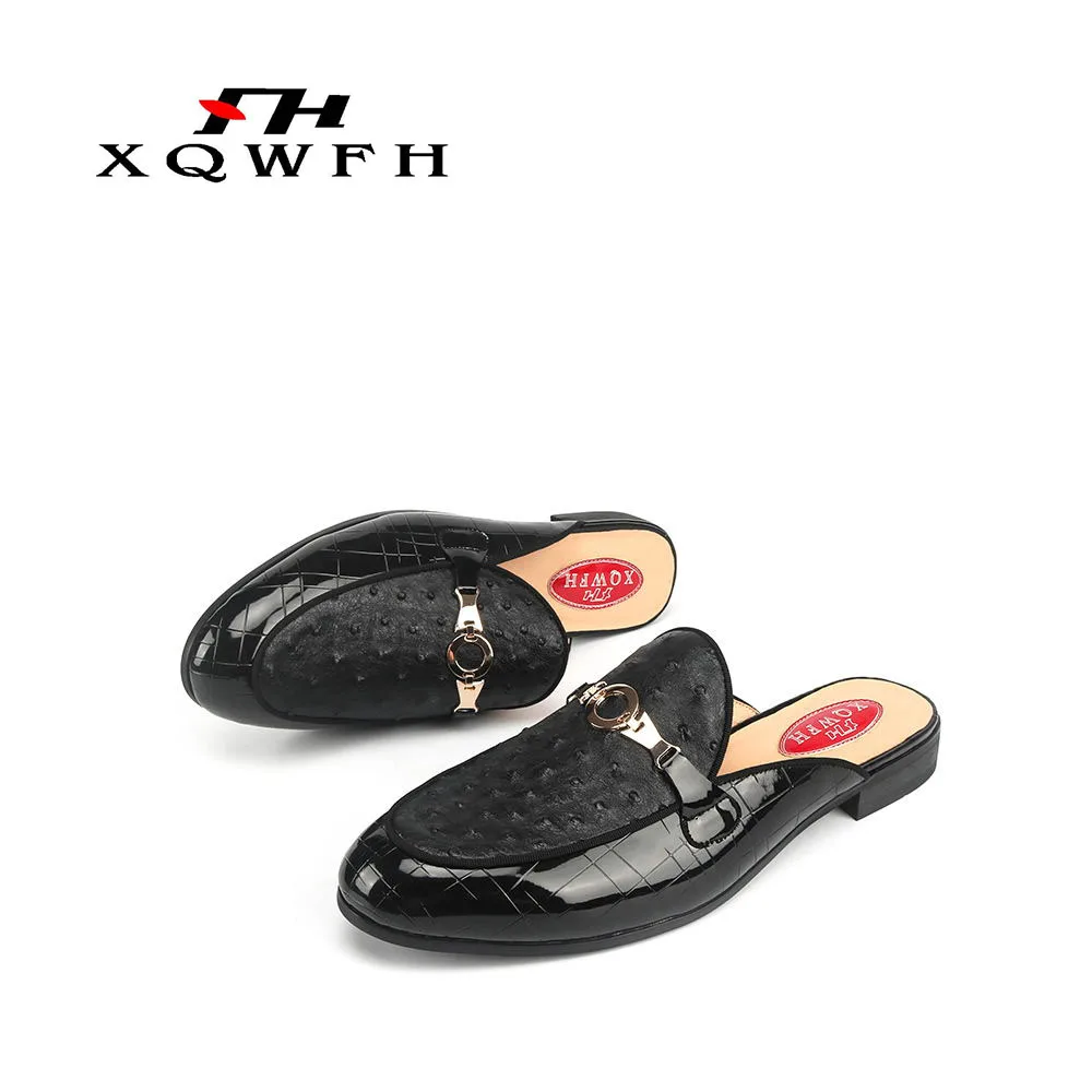 XQWFH New Style Ostrich Leather Men's Slippers Fashion Party and Prom Men Half Designs Loafers Handmade Male Dress Shoes