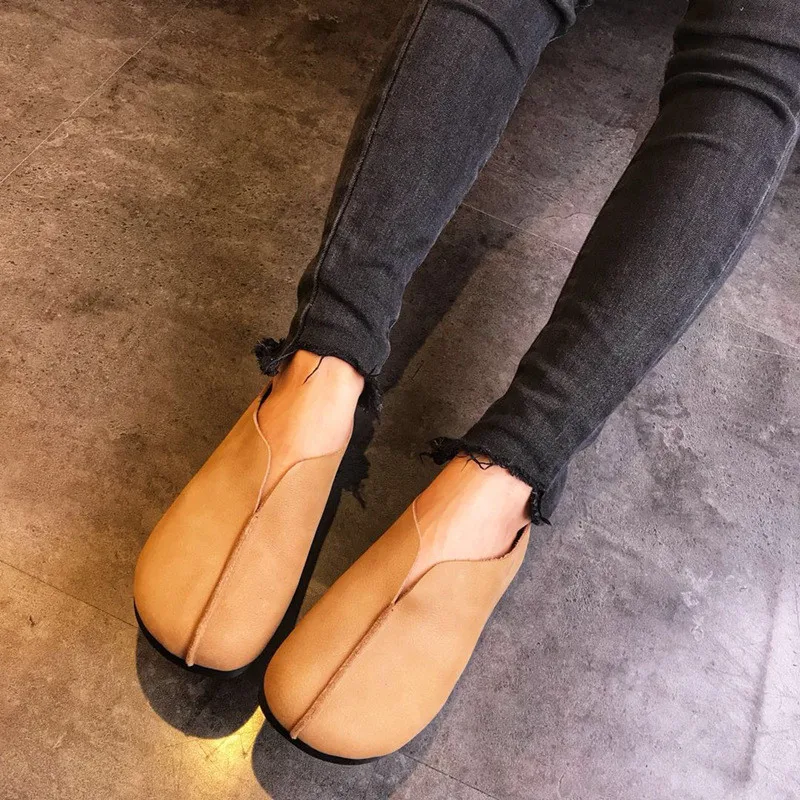 Women shoes genuine leather loafers retro style non-slip solid color casual ladies flats shoe female light driving loafers shoes