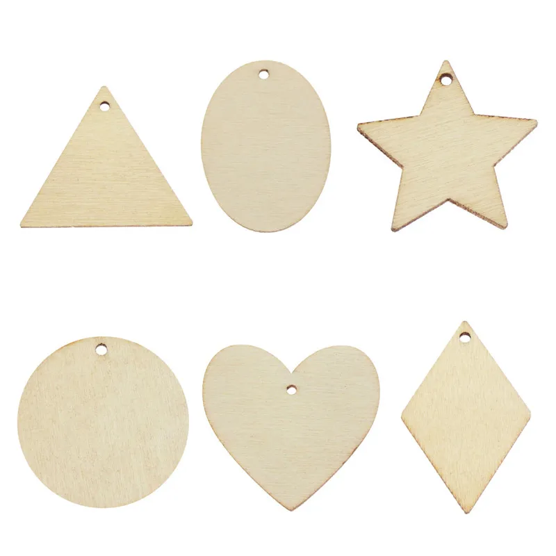 Julie Wang 50PCS Wood Charms Blank Unfinished Round Heart Star Oval Triangle Wooden Slice Pendant Jewelry Making Accessory Decor