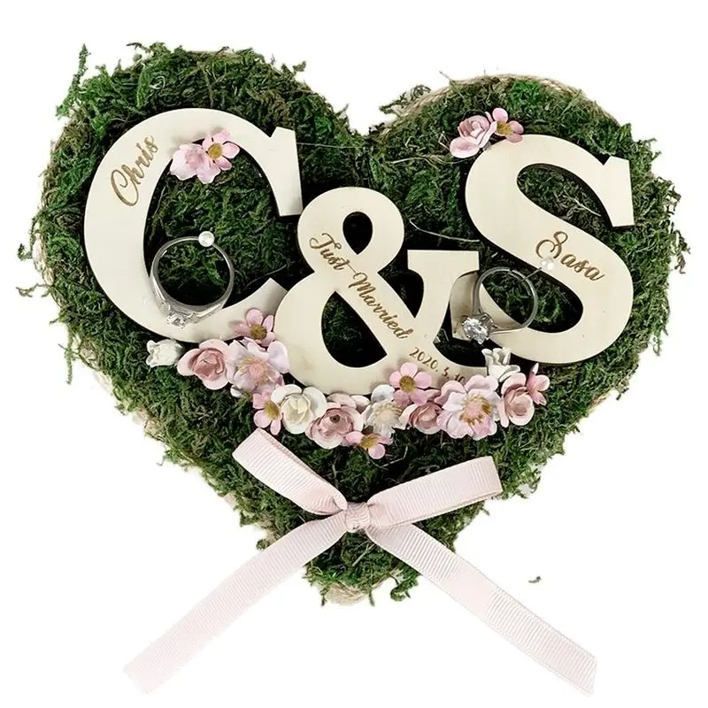 

Custom Letter Heart Shaped Lawn Ring Holder Pillow Wedding Box Baby Shower Party Decoration Bridesmaid Gift