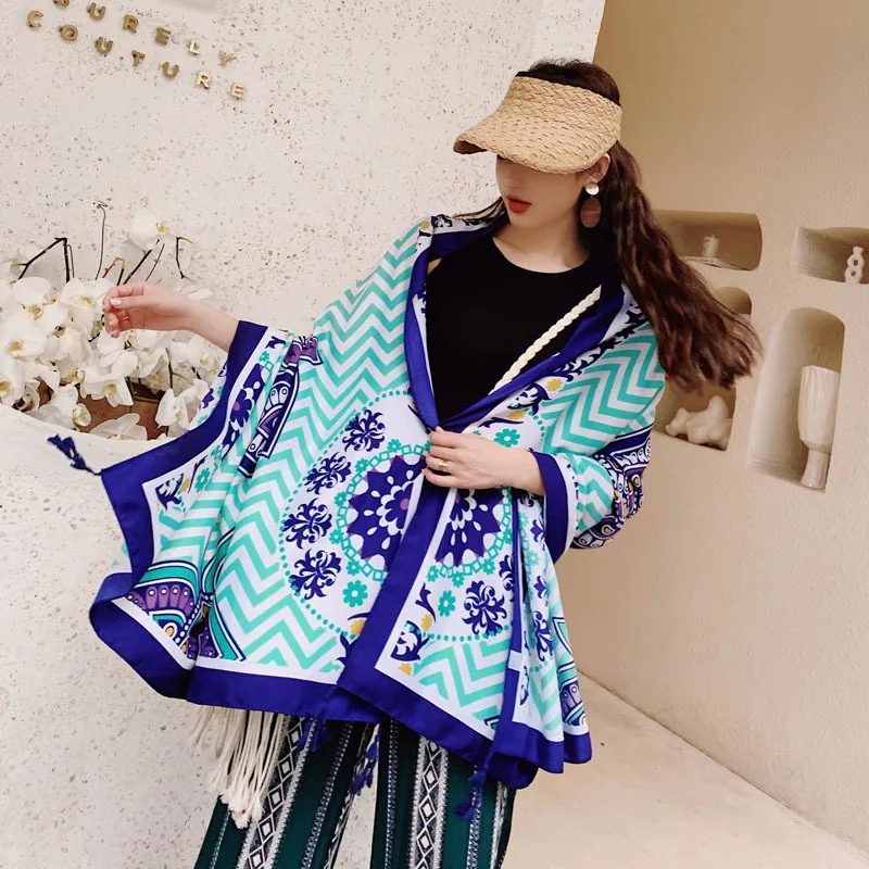 Women Luxury Ethnic Shawl Scarf Beach Desert Sunscreen Silk Scarves Red Big Bandelet Female Travel Photo Dual-use Sunshade  Coat