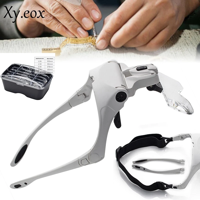 Headband Magnifier Head Light 2 LED Adjustable Magnifying Glass with 5 Lens