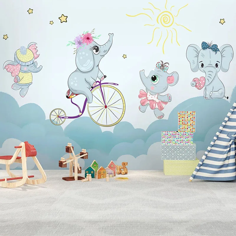 

Custom Self-Adhesive Waterproof Wallpaper 3D Cute Cartoon Elephant Pink Clouds Children Background Wall Murals Stickers