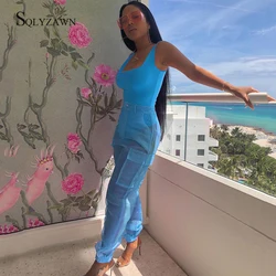 Women's Sexy Neon Two Piece Set Beach Sleeveless Bodysuit and Transparent Mesh Pants Matching Holiday Club Outfit Pink Blue Suit