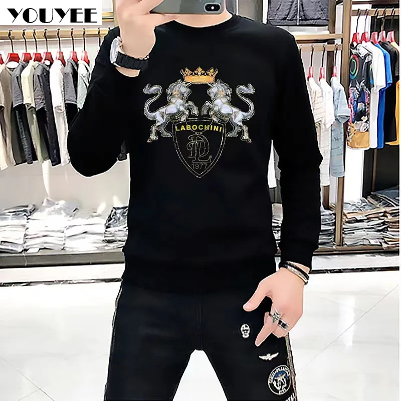 Men's Sweater Heavy Craft Double Horse Diamonds Long Sleeve Hoodies Trendy Round Neck Plush Top Pullover Winter Fashion Clothing