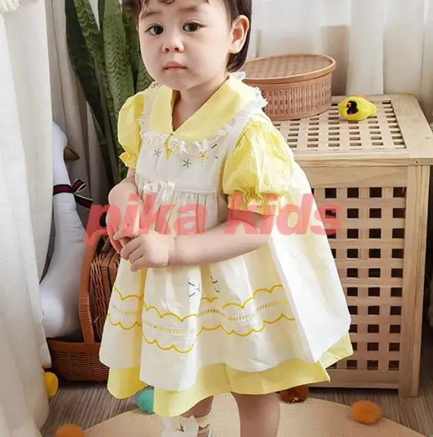 Baby girl vintage summer Spanish cute layered princess dress kids peter pan collar lace stitching party dress