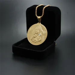 Men Golden Mary Mother of Jesus Round Medallion CZ Pendant Necklace Stainless Steel Virgin Mary Necklaces Jewelry