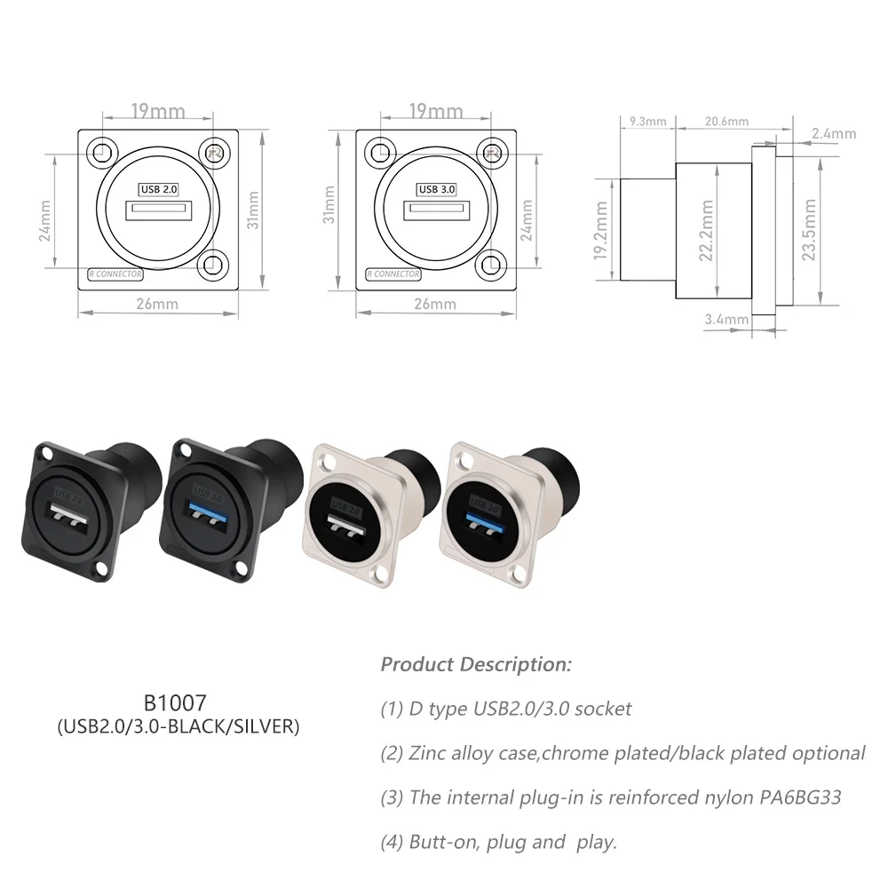 1pc USB 2.0 3.0 Connector, Panel Mount Chassis Connector, High Quality, Soldering Free