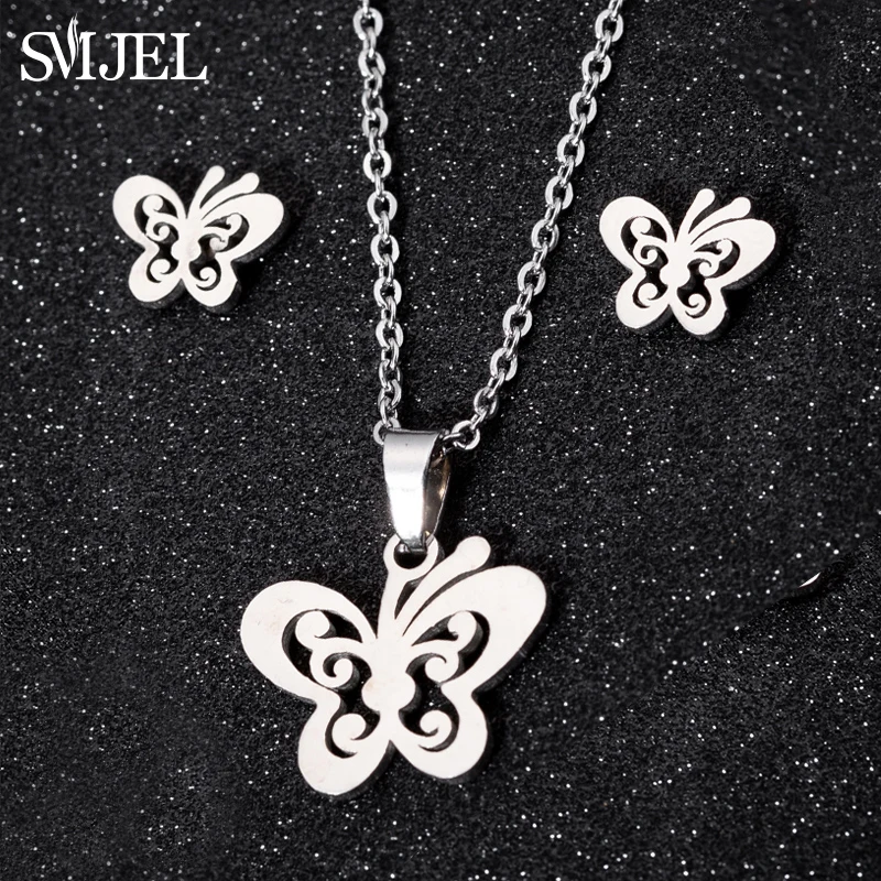 Cute Stainless Steel Butterfly Necklace & Earrings Set
