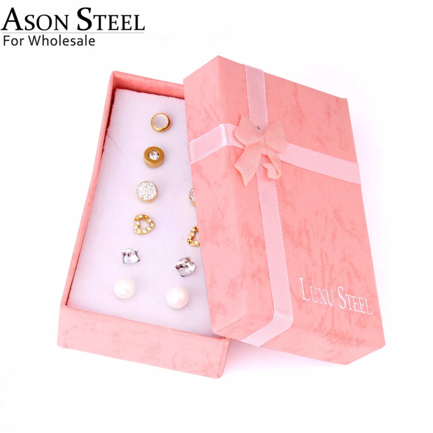 ASONSTEEL 여성용 라운드 스퀘어 큐빅 지르코니아 진주 스터드 귀걸이 세트, 골드 컬러 스테인레스 스틸, 보석 피어싱, 박스당 6 쌍