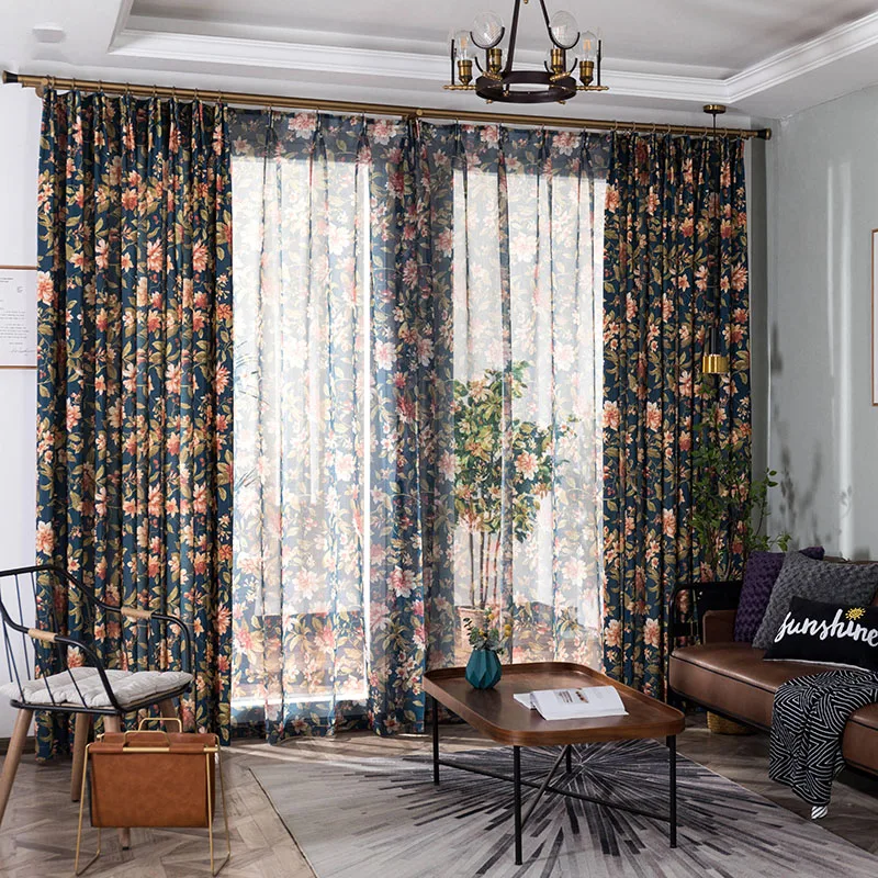 

American Pastoral Blackout Curtains For Living Room шторы фатин Para Salon Cortinas Rideau Cotton Flowers Nordic Plants Curtain