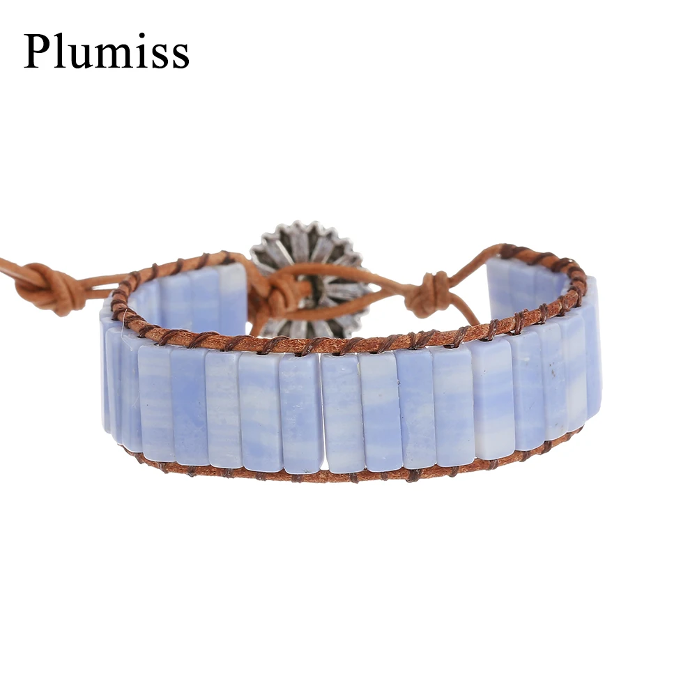 Oblong Blue Lace Agates Wrap Bracelet for Women Geometric Natural Stone Blue Chalcedony Beaded Bracelet Ethnic Femme Jewelry