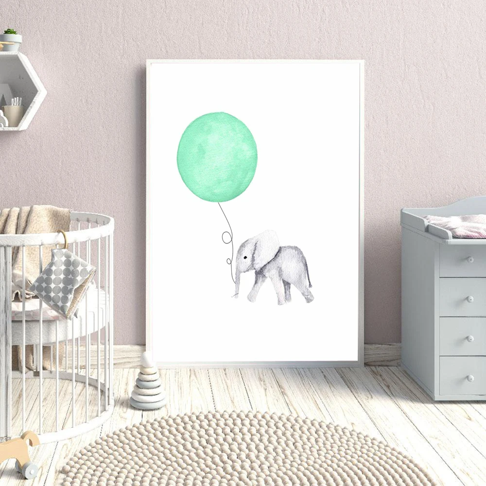 Elephant Nursery Room Prints Painting On Canvas Animals Mint Green Balloon Heart Poster Pictures Home Decor for Kids Baby Room