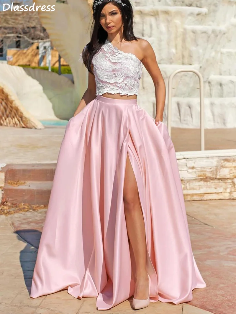 

Light Pink Prom Dress A-line Satin Split One Shoulder Simple Sleeveless Floor Length Evening Dress robe de soirée de mariage