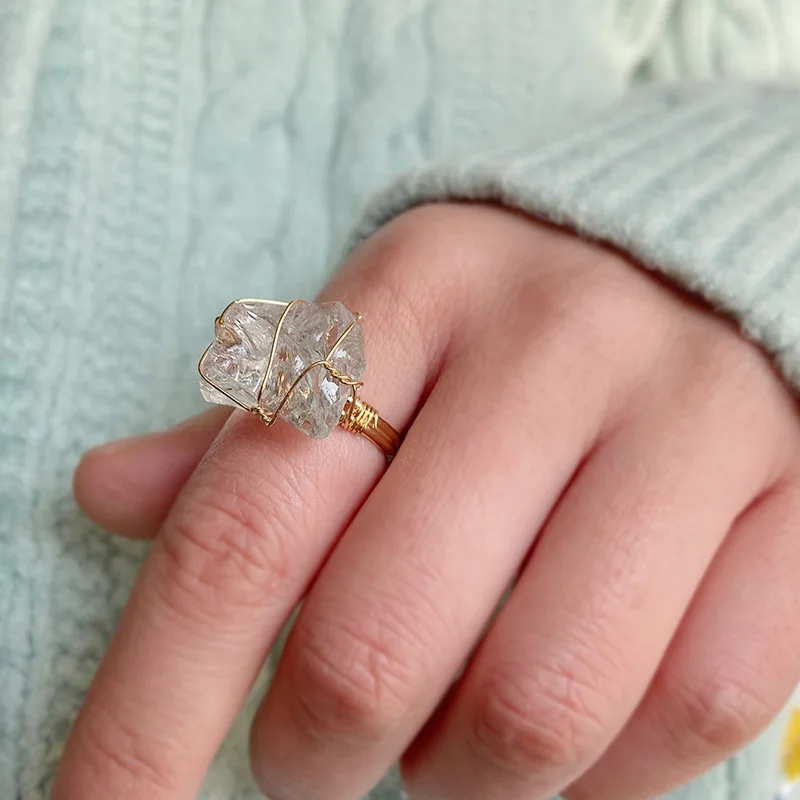 Mode Draht Wrap Ringe Unregelmäßigen Raw Stein Quarz Einstellbare Ring Healing Kristall Fluorit Amethysten Achate Ring Partei Schmuck