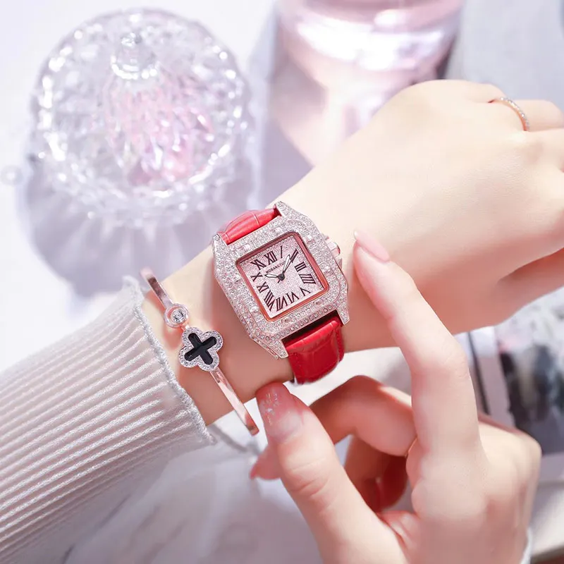 Rose Gold Top Brand Luxury Watch Women Quartz Waterproof Fully Diamond Ladies Watch Square Couple Watches With Rhinestone Men