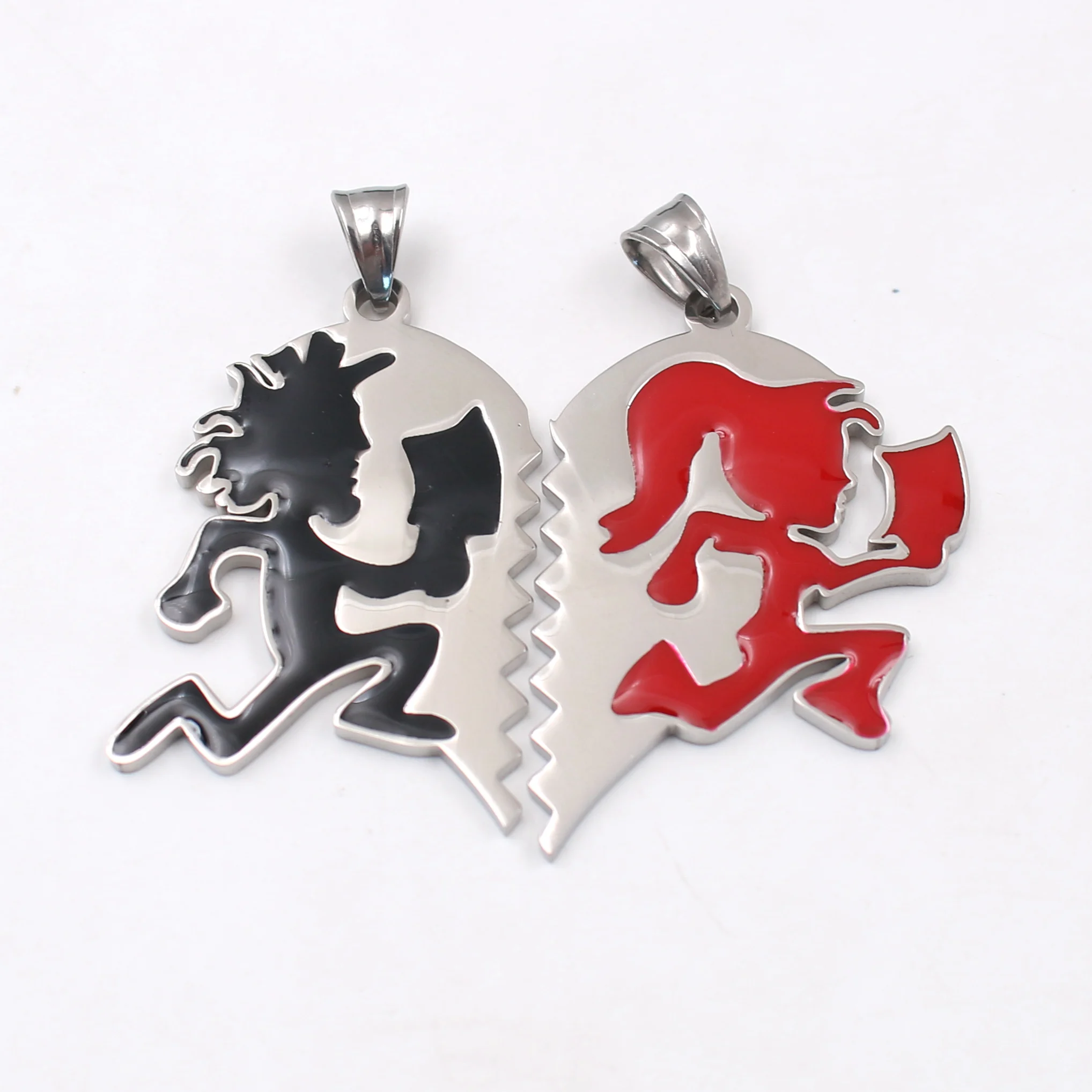 one Pair Couple Heart black red Stainless Steel ICP Crazy Clown Heart Hatchetman  Man Women Charms Pendant Necklace no chain