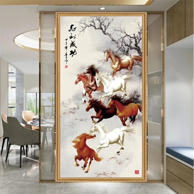 Custom 3d wallpaper horse to success eight horses pattern porch decorative painting living room corridor background wall обои