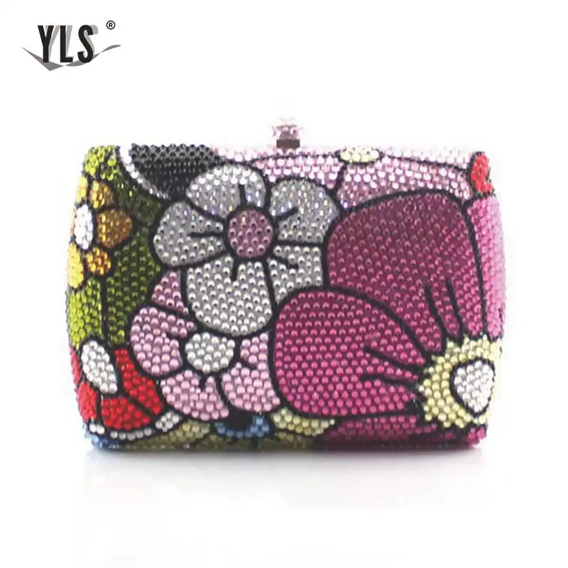 Women Elegant Floral Print Evening Crystal Diamond Clutch Bolso Mujer Silver Gold Bride Wedding Party Bag Purse Handbag