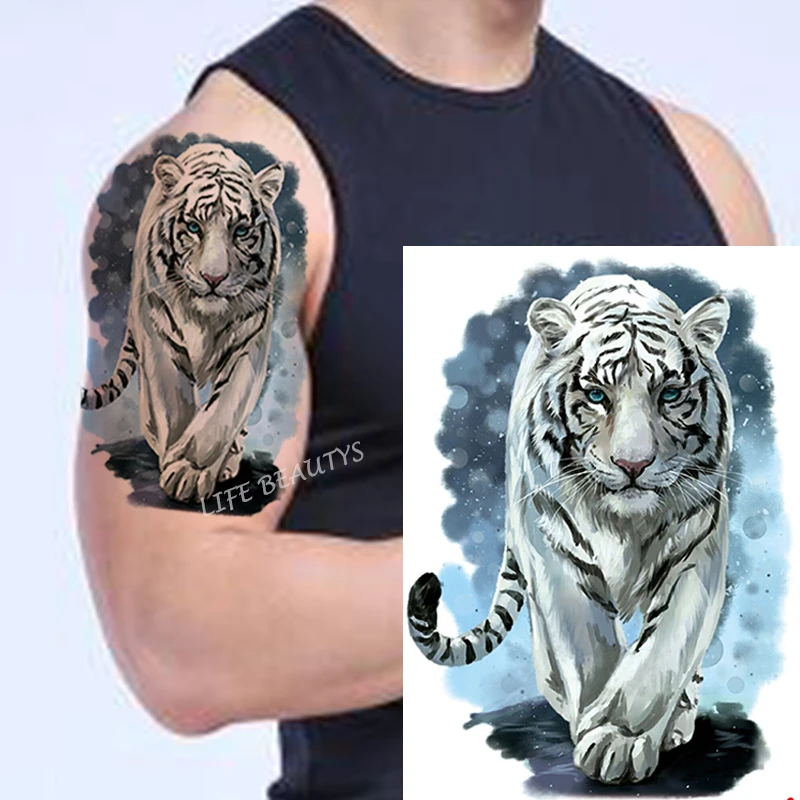 Tatuagem temporária de leão tigre, adesivo à prova d\'água fashion legal para homens e mulheres, arte corporal de animais, braço removível,