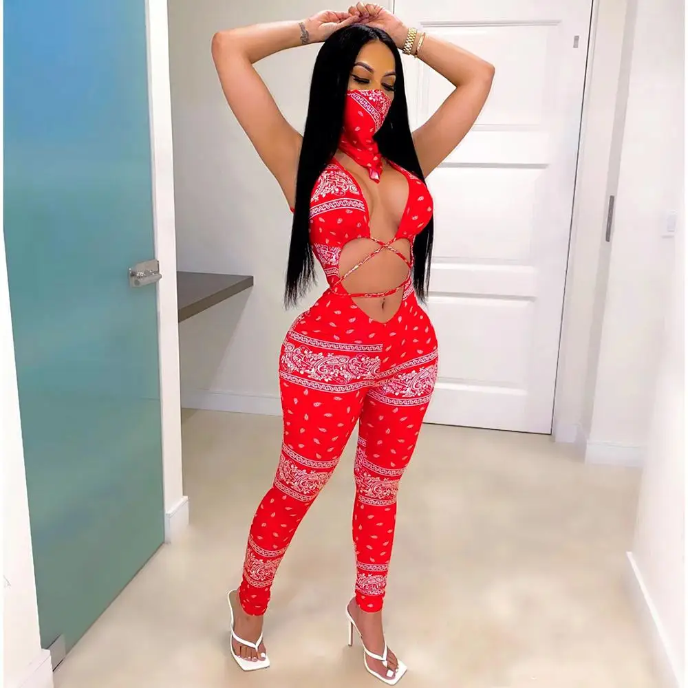 Women Summer Sport Sexy Lace Up Party Club Bandanna Print Cut Out Front Bodycon Jumpsuit with Face Towel Two Piece Set Rompers