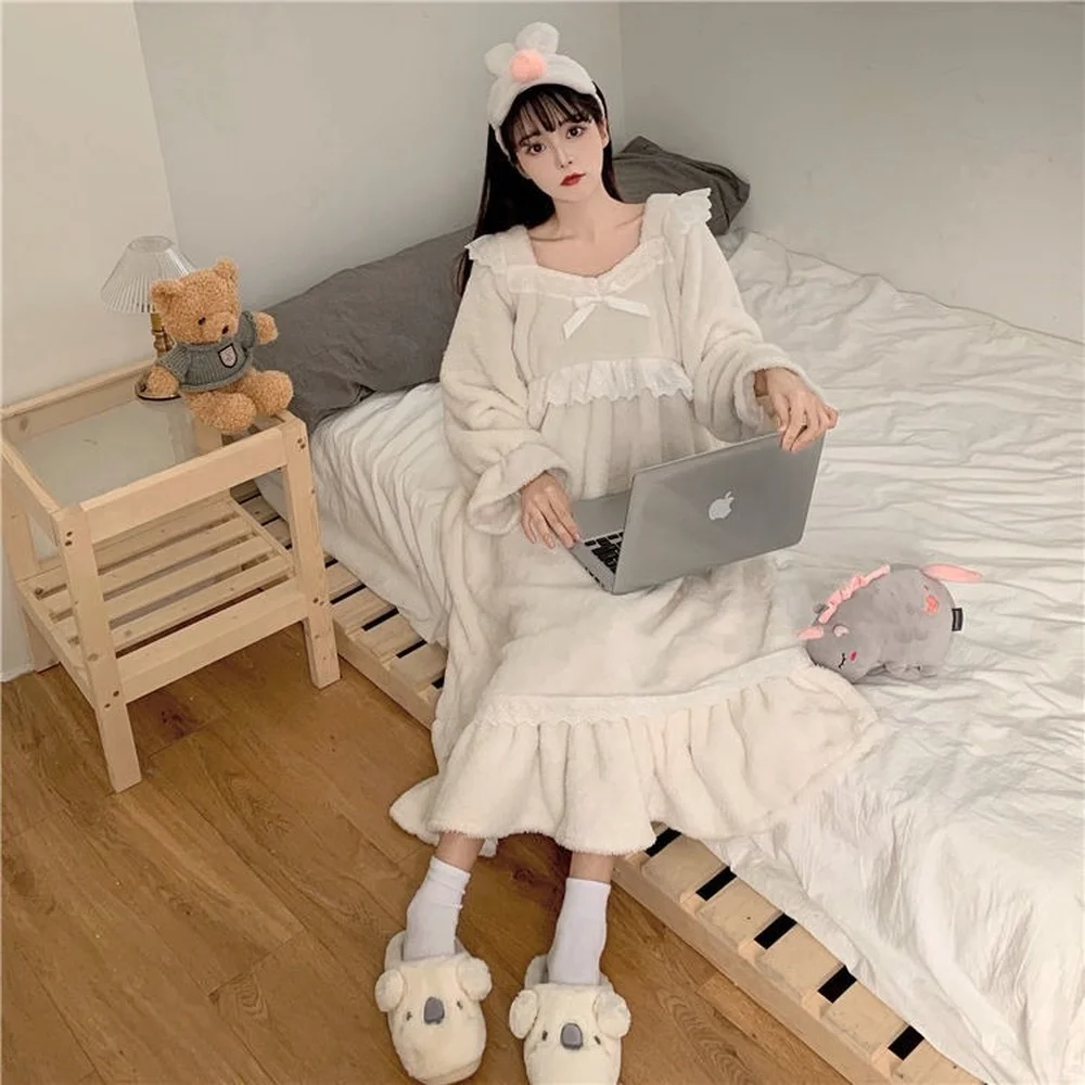 Pajama Sets Women Solid Square Collar Lounge Sleepwear Sweet Schoolgirls College Fashion Coral Fleece Loose High Quality Female