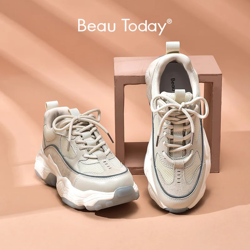 

BeauToday women's synthetic leather sneakers, breathable round-end lace-up shoes, thick sole, FS29402