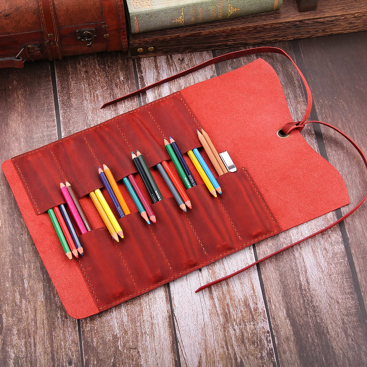 Handmade Leather Pencil Bag-Genuine Retro Roll Up Pen Curtain Bag Pouch Wrap Holder-Stationery School Supplies -Tool Organizer