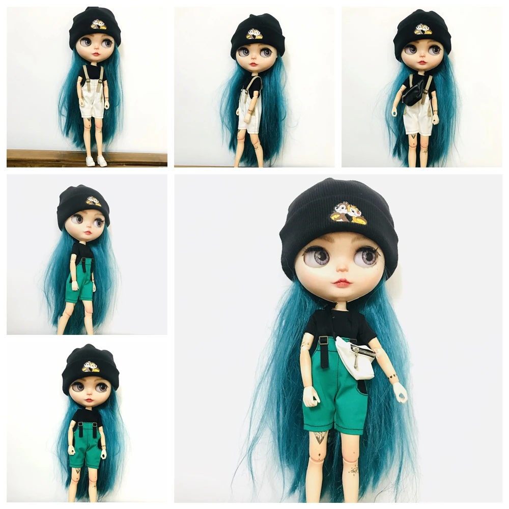 4PCS/Set Cool Blyth Clothes Short Overalls Black Knitted Hat Fashion Handbag for 1/6 Licca Dolls Accessories