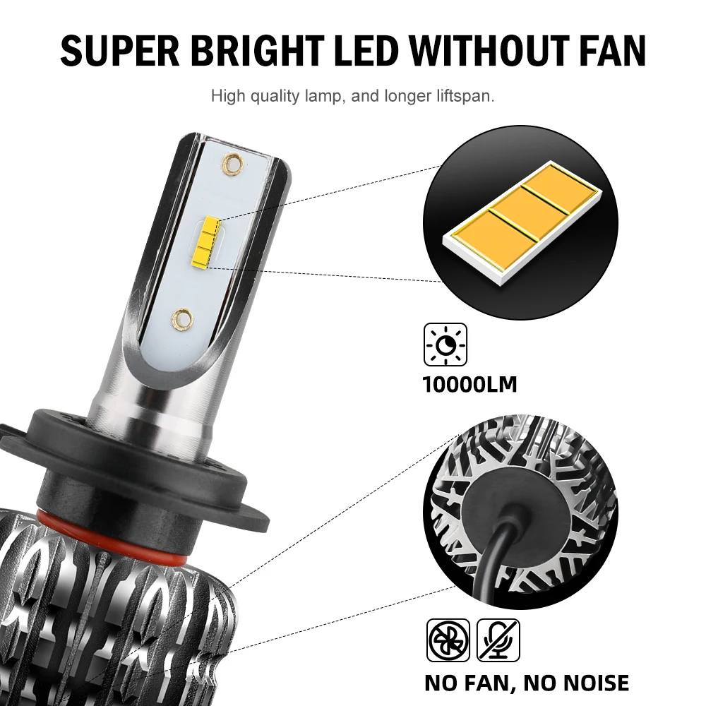 BraveWay Fanless 10000LM 12V LED Bulbs for Car Motorcycle H4 H7 H1 H3 H8 H11 HB3 HB4 9006 H27 Fog Lamps H3 LED Headlight Auto