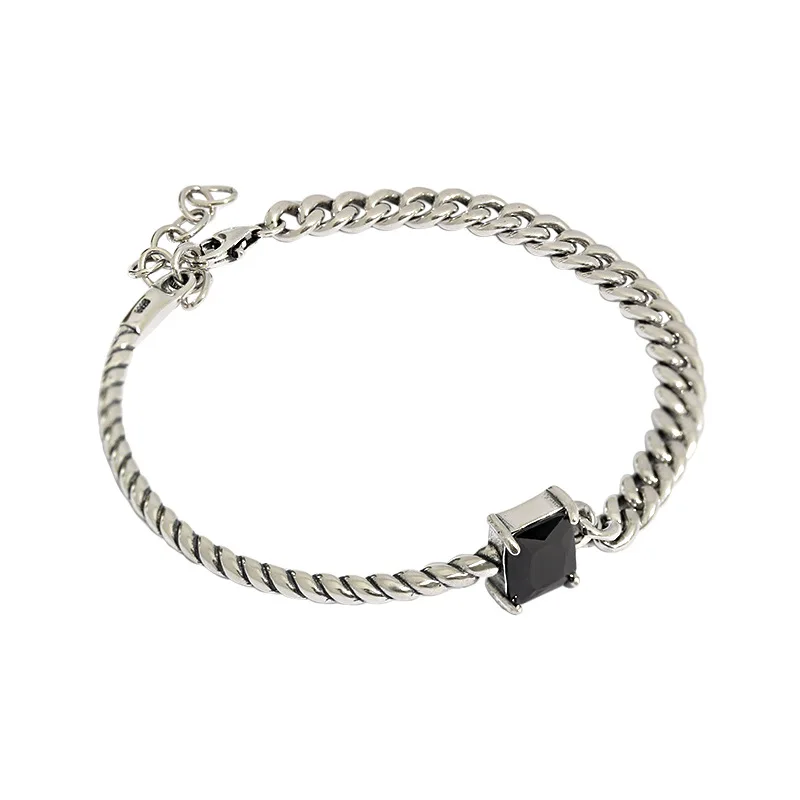 asymmetry Bracelet Authentic 925 Sterling silver Square Black Agate Twist hemp rope & Flat Cuban Chain Bangle Bracelet C-AS195