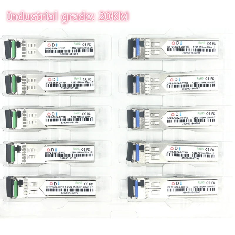 

LC SFP Fiber optic module Industrial grade -40~+80 Celsius 1.25G20KM 1310/1550nm Single-SFP compatible optical module 5pairs