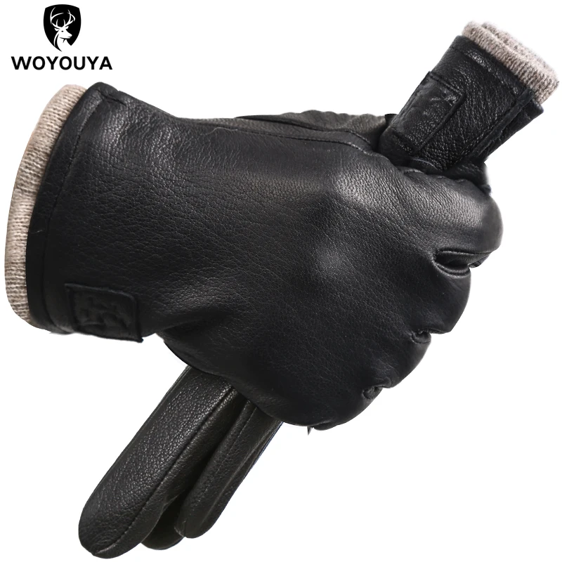 Guantes de cuero genuino para hombre, manoplas sencillas de piel de ciervo, para mantener el calor, color negro, para invierno, gloves-8011A