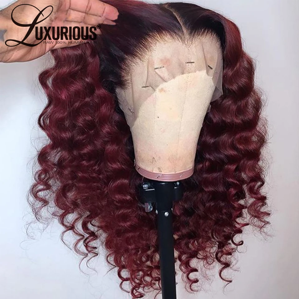 

150 Density Deep Wave Black Root 99J Burgundy Colored Lace Front Human Hair Wigs Brazilian Remy Ombre Human Hair Wig Pre Plucked