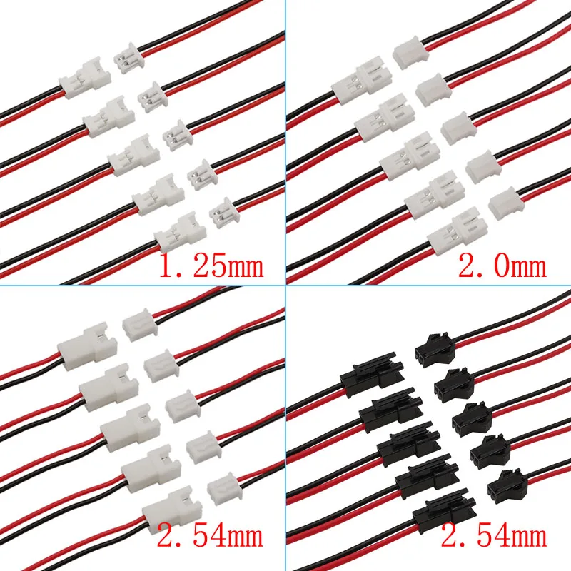 10Pair Mini JST 2 Pin Wire Connector 1.25mm / PH 2.0mm / SM / XH 2.54mm  Pitch 2P Male Plug Female Jack Socket Cable Connectors