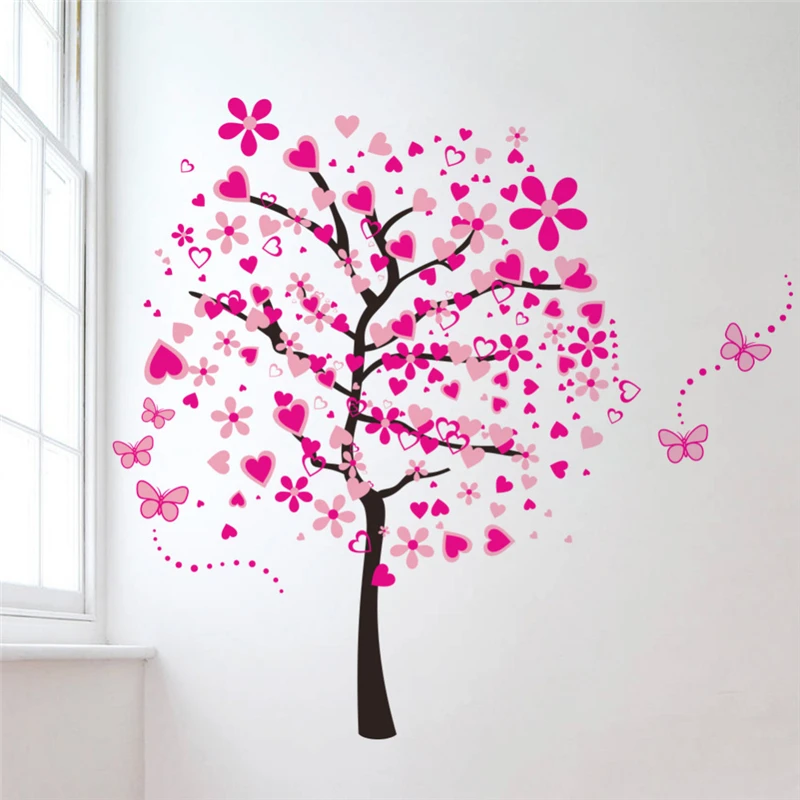 

Blooming Pink Flowers Tree Wall Sticker For Office Living Room Home Decoration Plant Mural Art Diy Pvc Decal Pastoral Poster