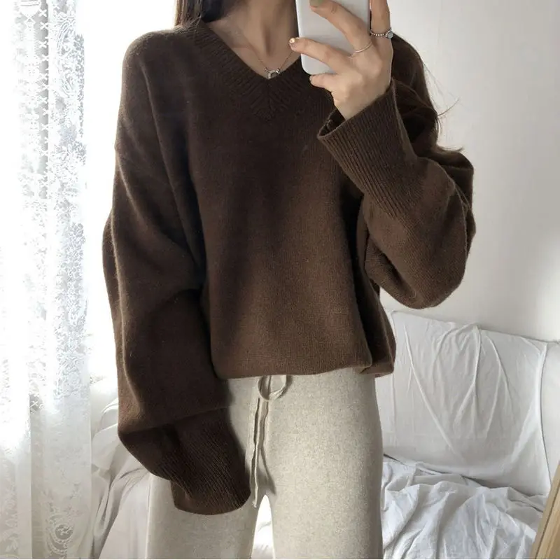 Sweater Pullovers Women Spring New Chic Solid V-neck All-match Loose Simple Female Fashion Vintage Elegant Clothing Leisure Soft