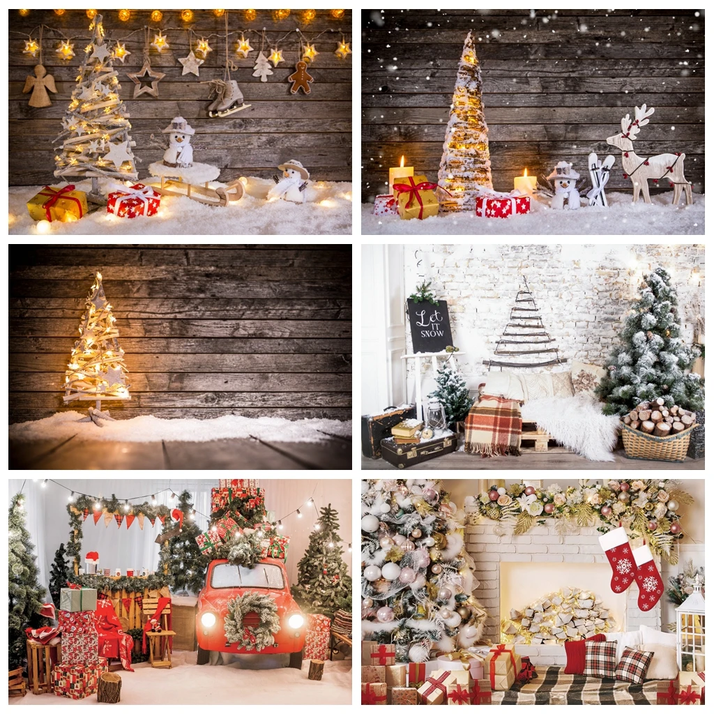 Laeacco Christmas Backdrops Wooden Board Star Lights Snow Tree Gifts Photography Backgrounds New Year Party Photozone Photophone