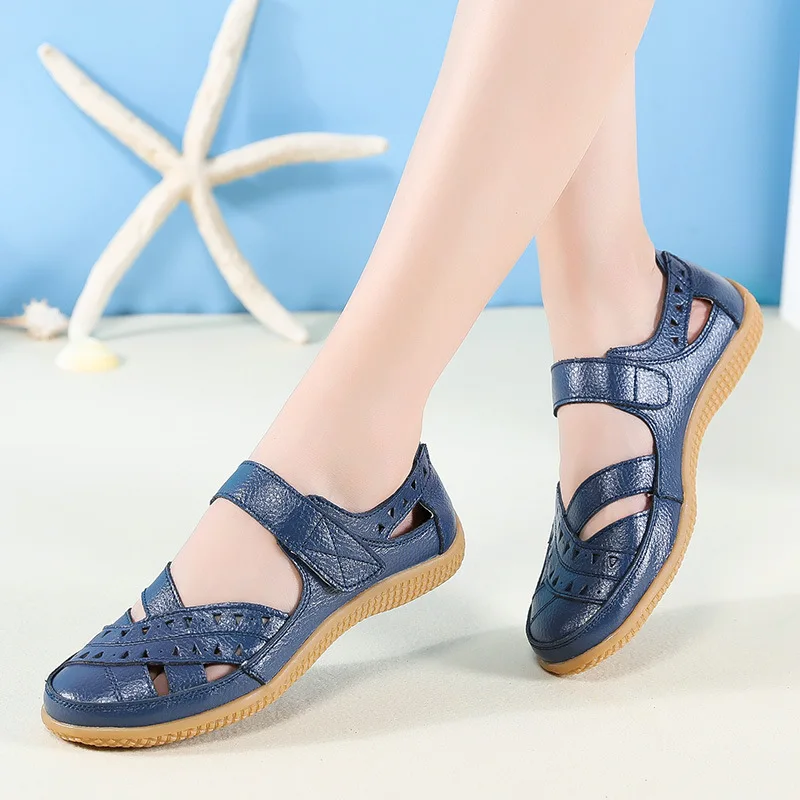 WOIZGIC Female Women Mother Genuine Leather Hollow White Shoes Sandals Flats Loafers Summer Cool Beach Plus Size 41 42