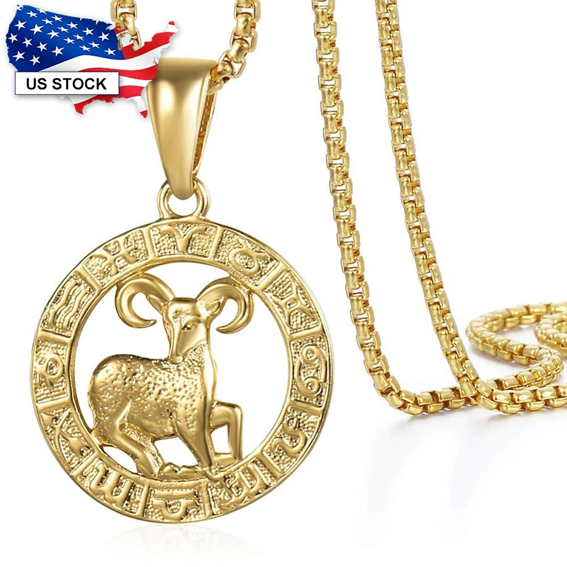 Yellow Gold Color Constellation Pendant Necklace For Womens 12 Zodiac Sign Round Shaped Charm Jewelry Gifts Wholesale LGP357