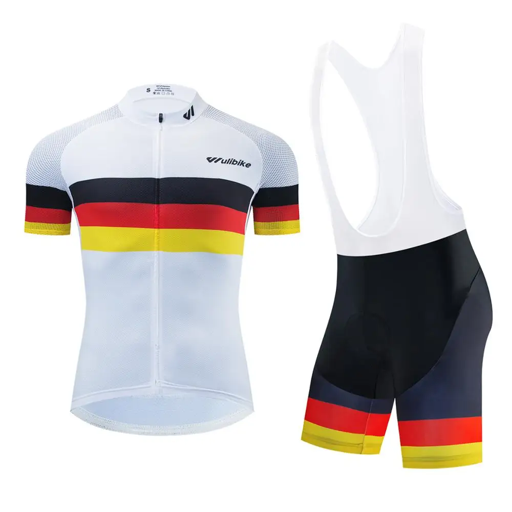 

wulibike german flag cycling clothing men's short sleeve bib set High elastic sponge Pad Pro bicycle Bike Bib Shorts Suit