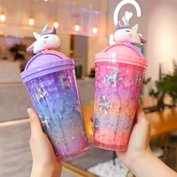 450ml Creative Unicorn Cartoon Straw Mug With Lid Thermal Insulation Double Wall Plastic Cup Girls Portable Water Bottle Ice cup